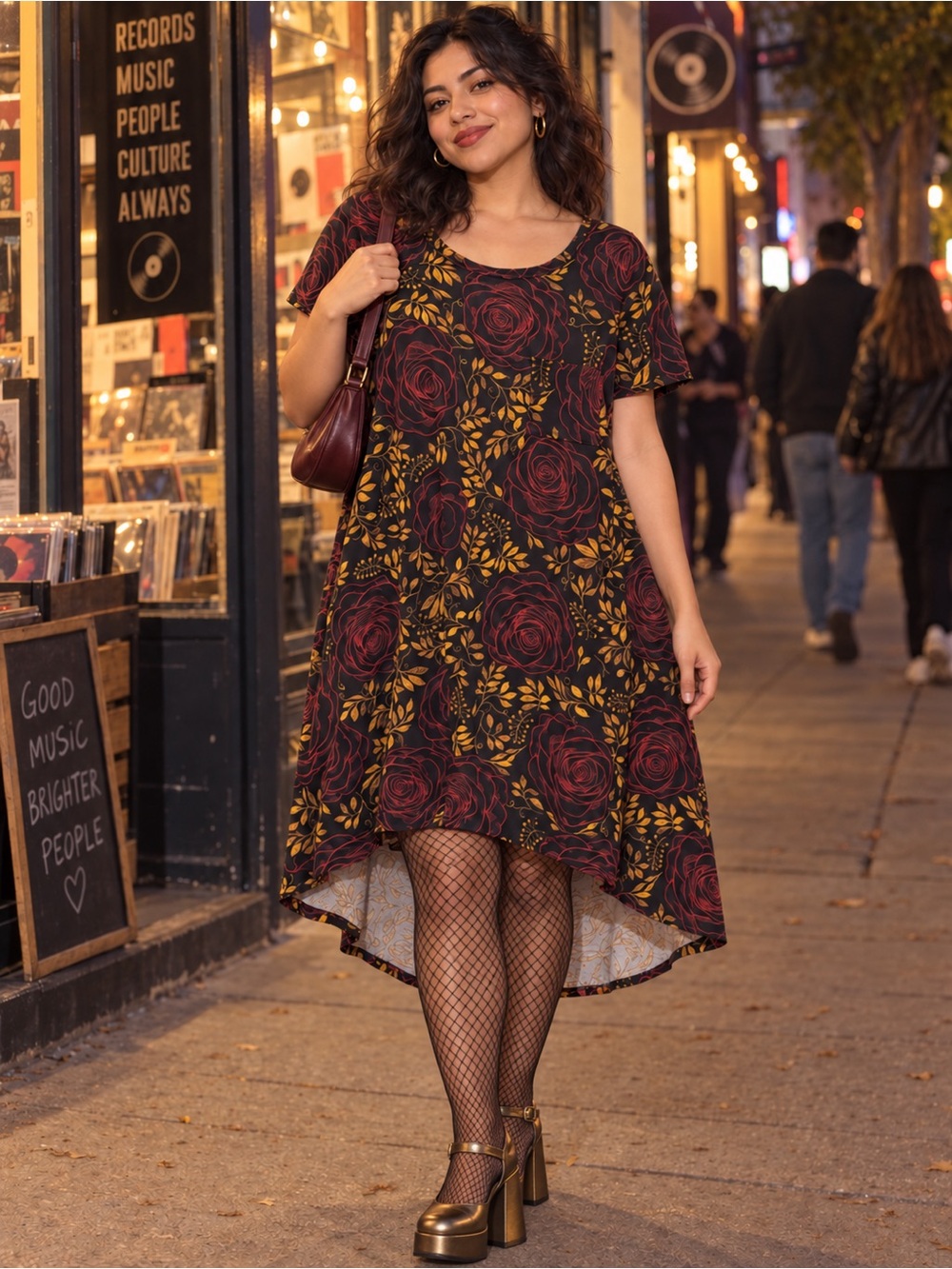 Floral High-Low Swing Dress in Black with Burgundy Roses